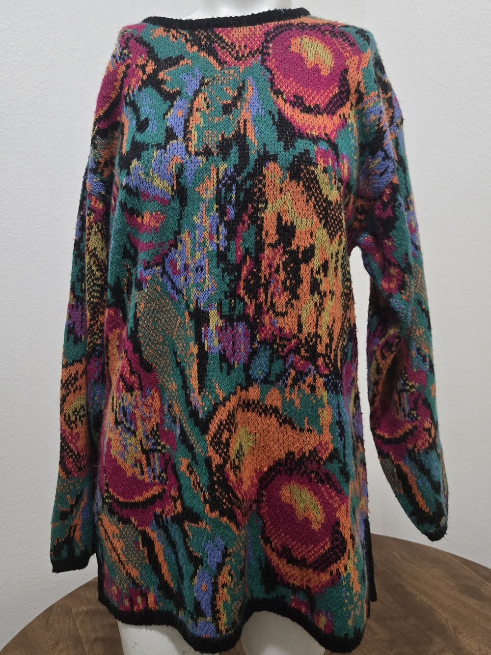 Vintage Leslie Knits 80s 90s Colorful Abstract Knit Sweater Small Retro